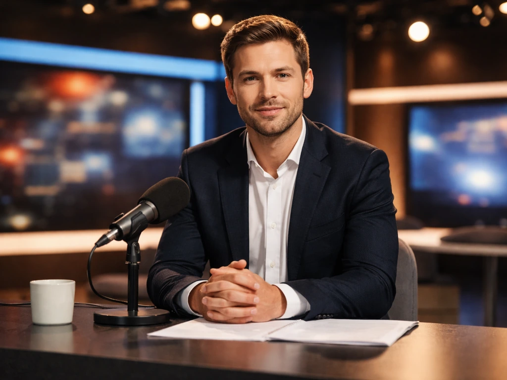 Australian TV studio scene with a co-host seated at a desk, studio lights and screens in the background