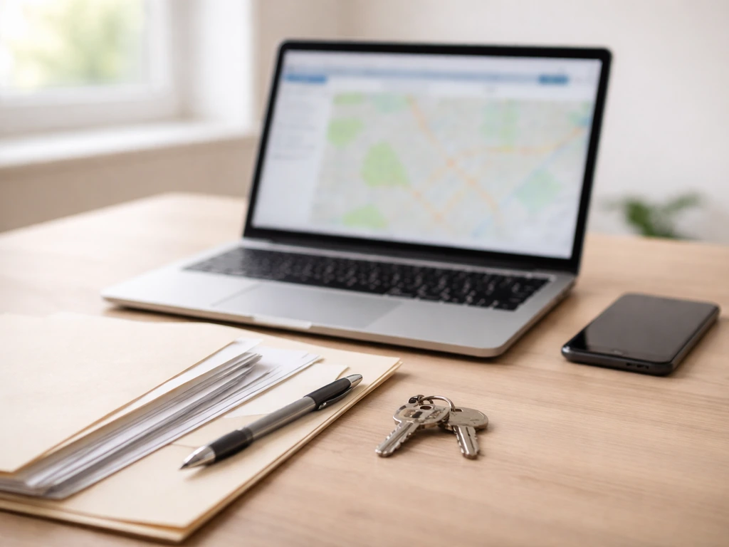 Minimal desk scene with laptop and documents suggesting checking public property records for net worth claims