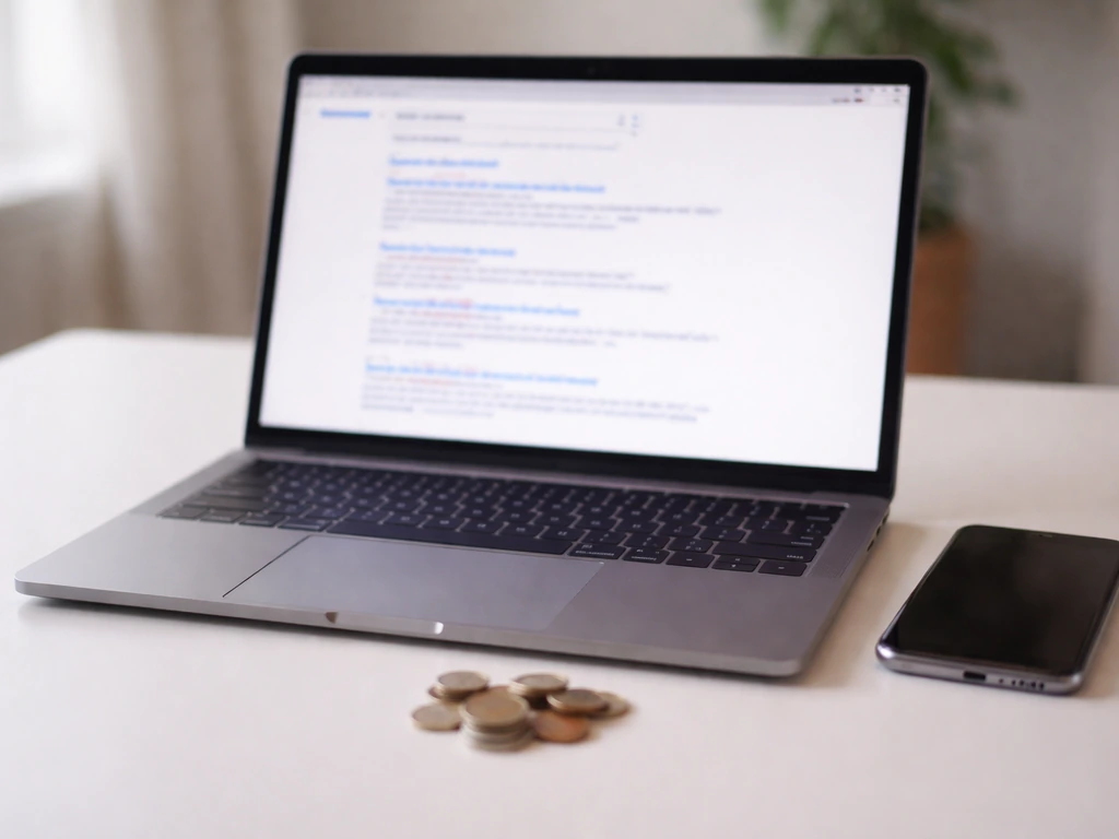 Laptop on a desk with blurred search results and coins, symbolizing checking for a net worth page.
