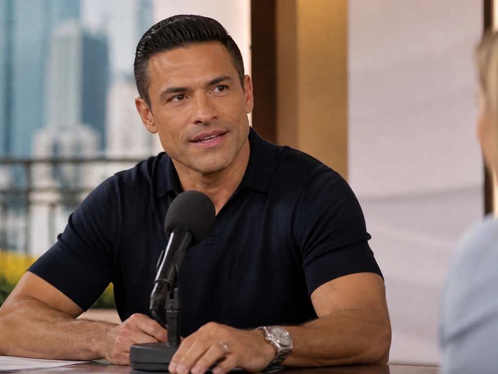 Mark Consuelos co-hosting at a daytime talk show desk with a simple studio backdrop