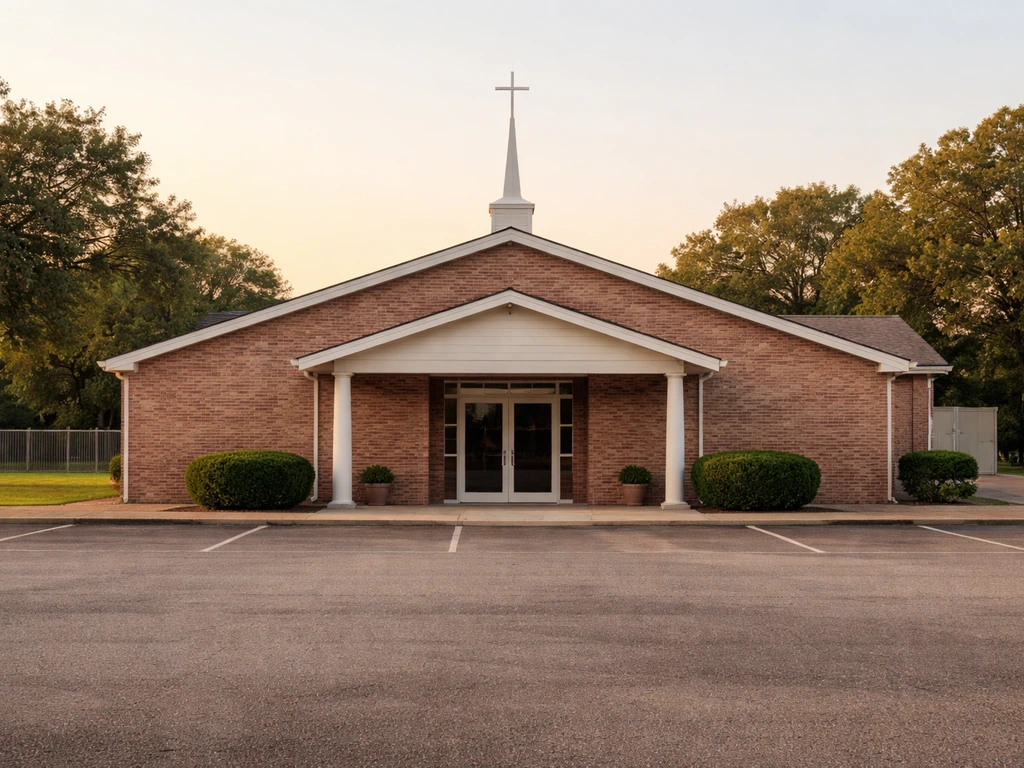Pastor-like church entrance in Cypress, Texas with a calm empty parking lot and warm natural light.