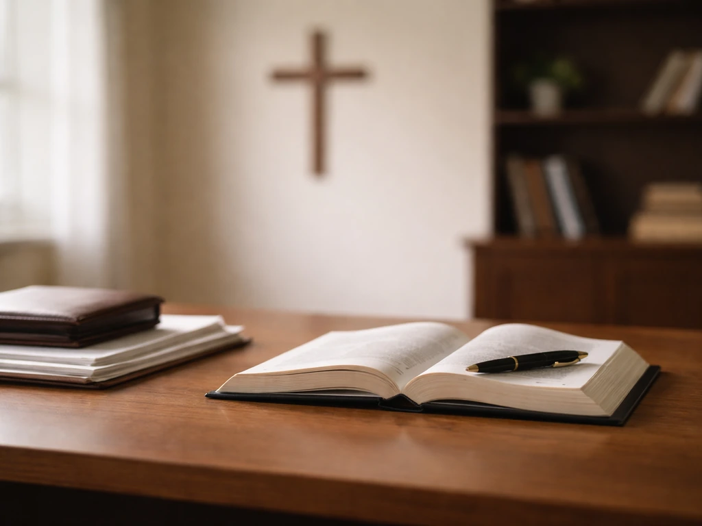Church office desk with an open book and wallet, symbolizing steady growth through leadership and publishing.