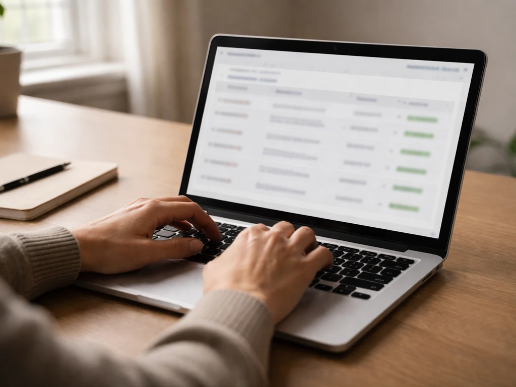 Close-up of hands using a laptop to browse nonprofit financial filings on a clean website-style results page