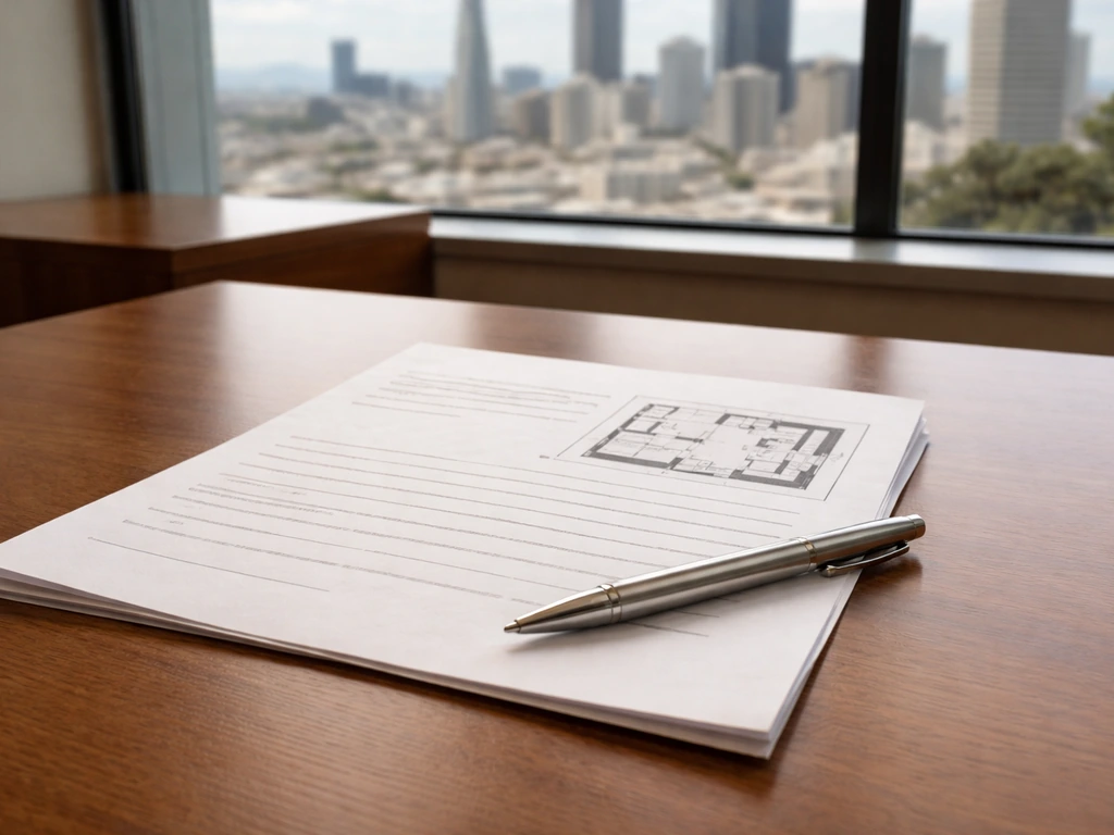 Close-up of a real estate document and pen on a wooden desk with blurred San Francisco skyline behind