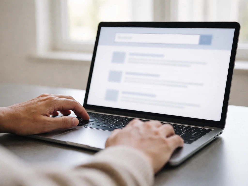 Hands typing on a laptop with blurred search results for verifying ethics and filings updates.