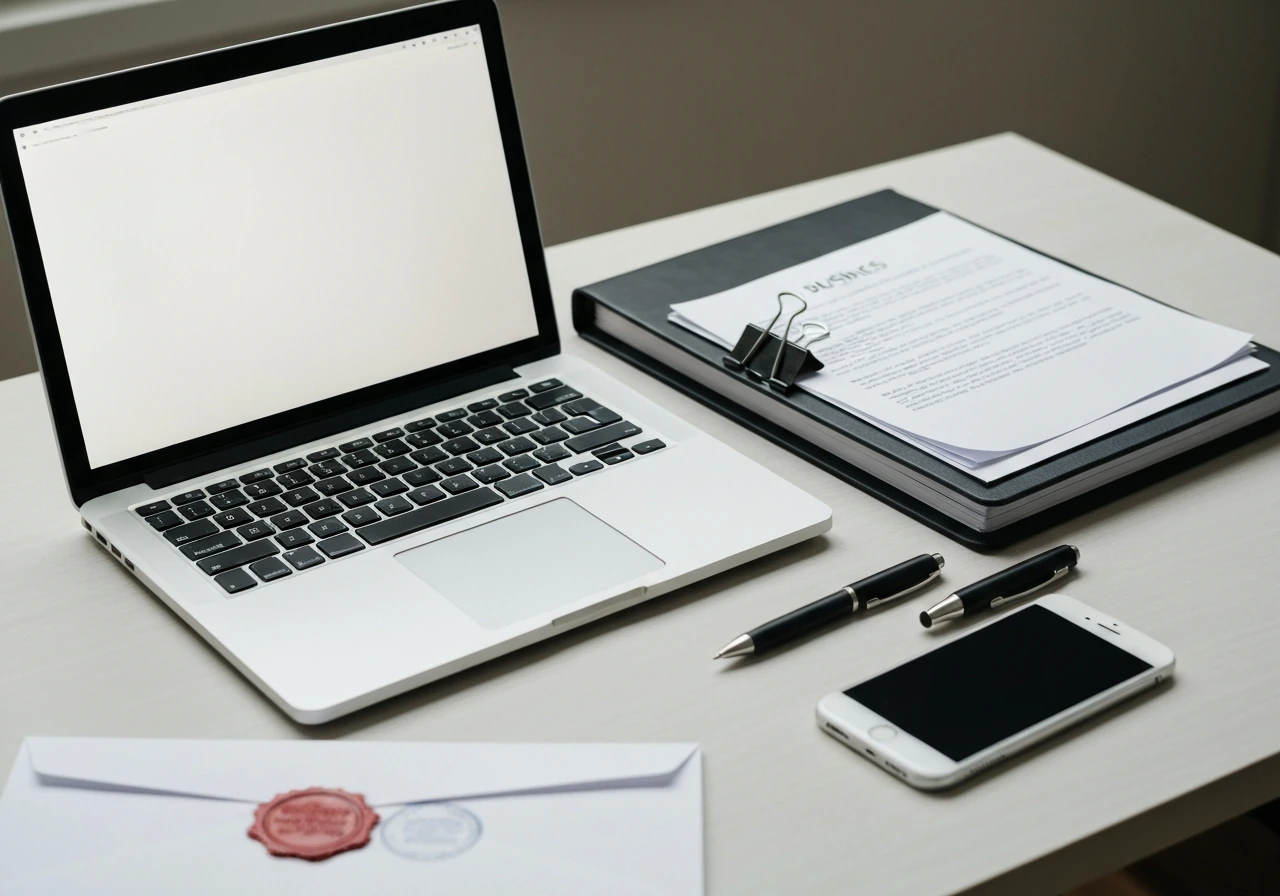 Minimal desk scene with printed business documents and an open laptop suggesting cross-checking SEC-style filings