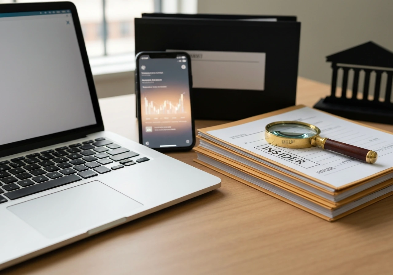 Anonymous desk scene with a laptop and magnifying glass over generic insider document folders.