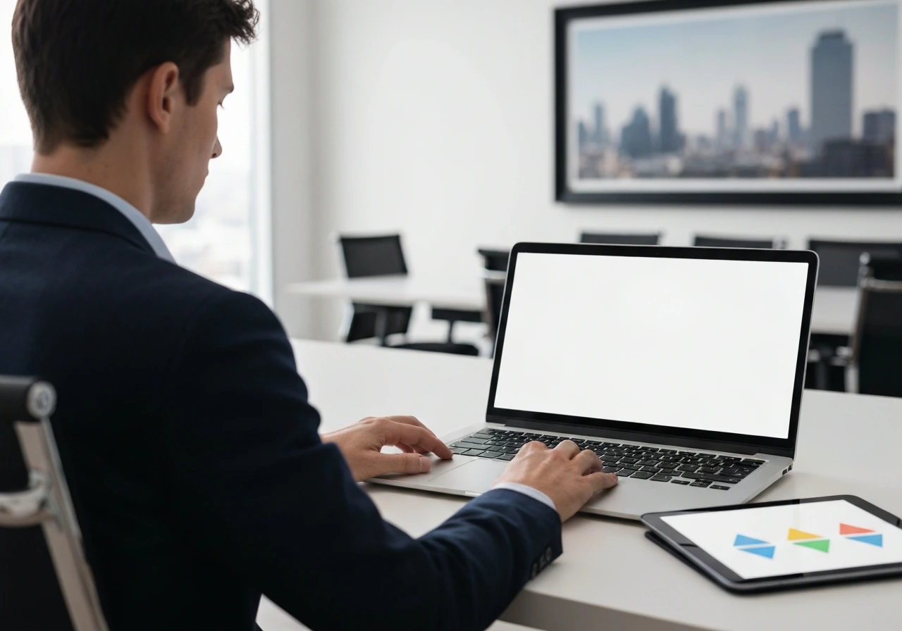 Anonymous tech executive working on a laptop with abstract data visuals in a modern office setting.