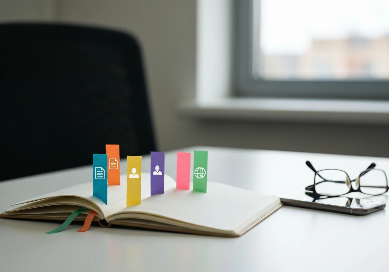 Minimal photo of three research bookmarks in a notebook, symbolizing SEC filings and proxy statements