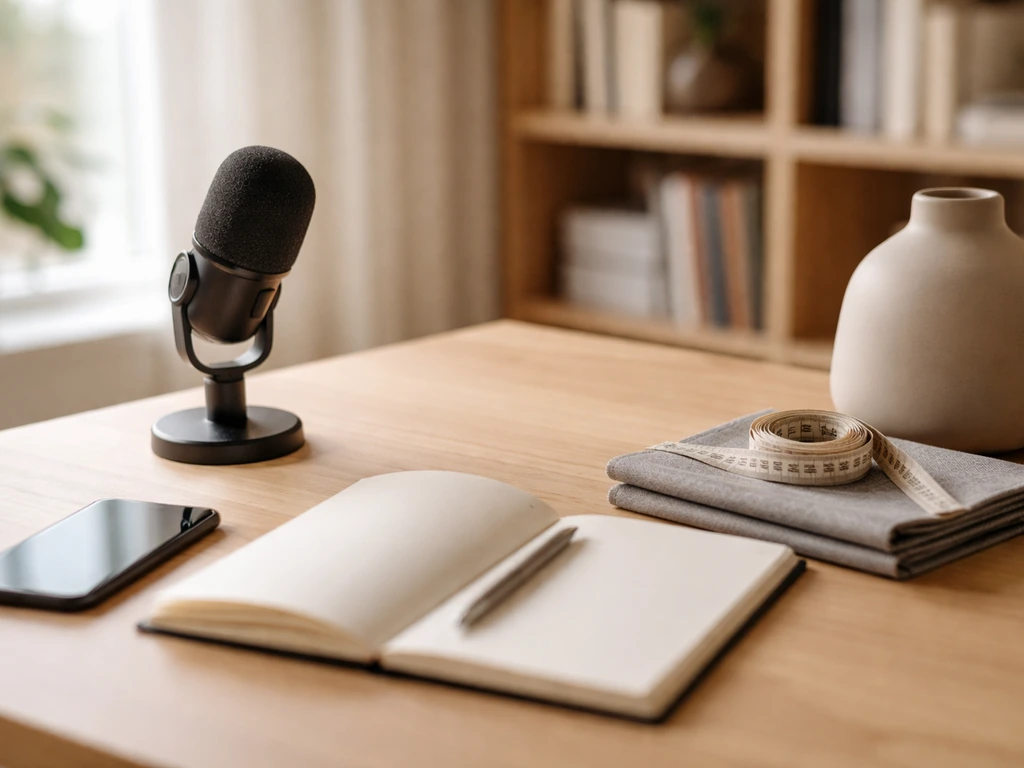 Minimal studio desk setup with a microphone and luxury decor items, symbolizing career and net worth discussion