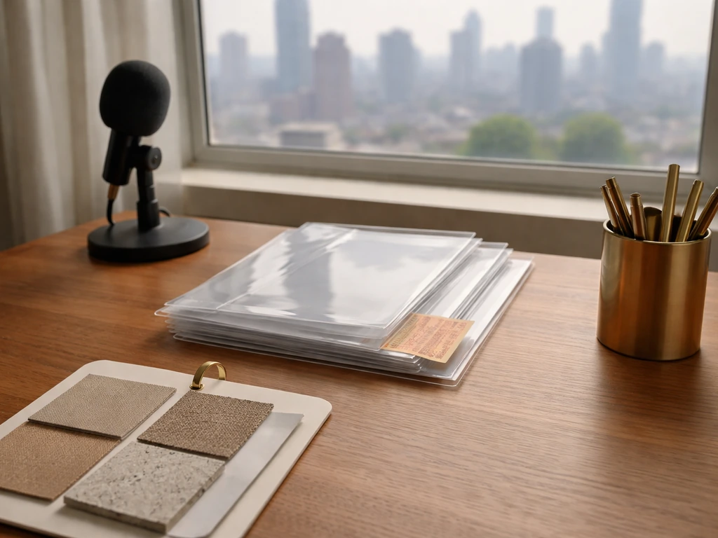 Minimal desk scene with theater memorabilia, a microphone, and design swatches near a NYC window.