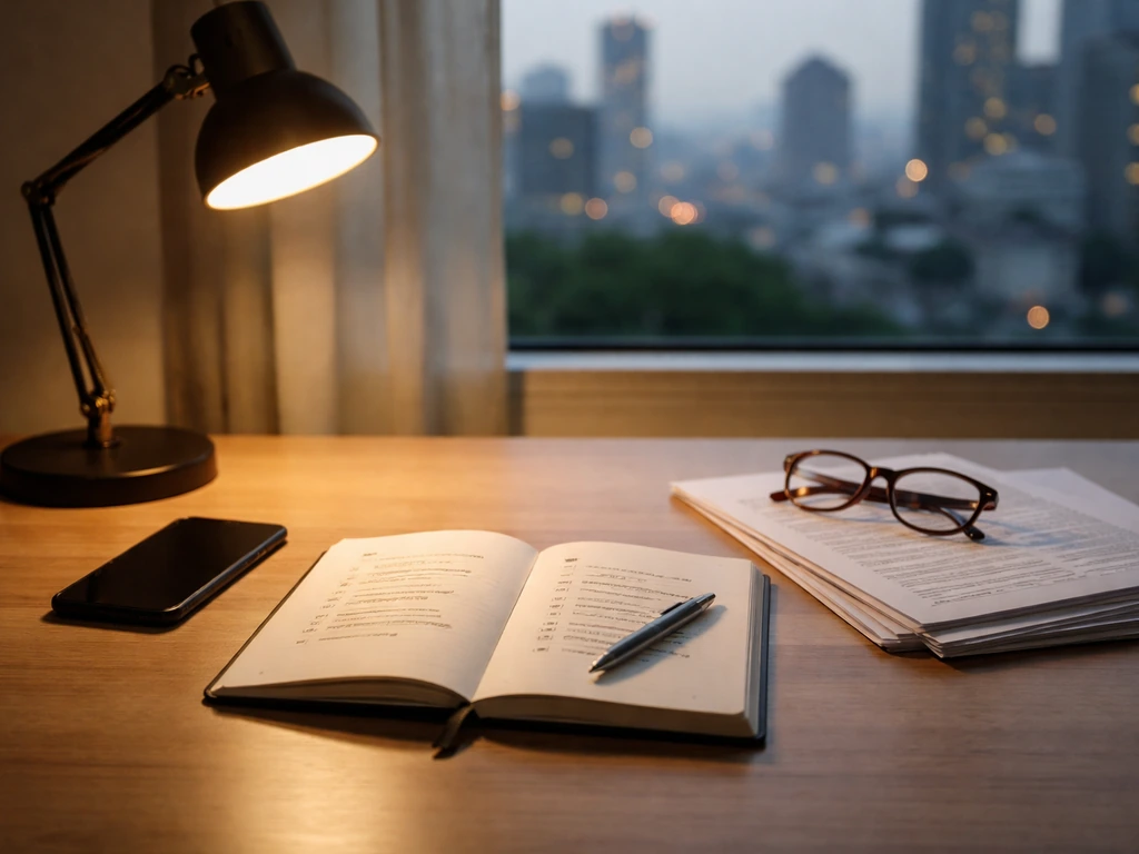 Minimal desk scene with notebook, phone, and printed pages ready for checklist-style research verification.