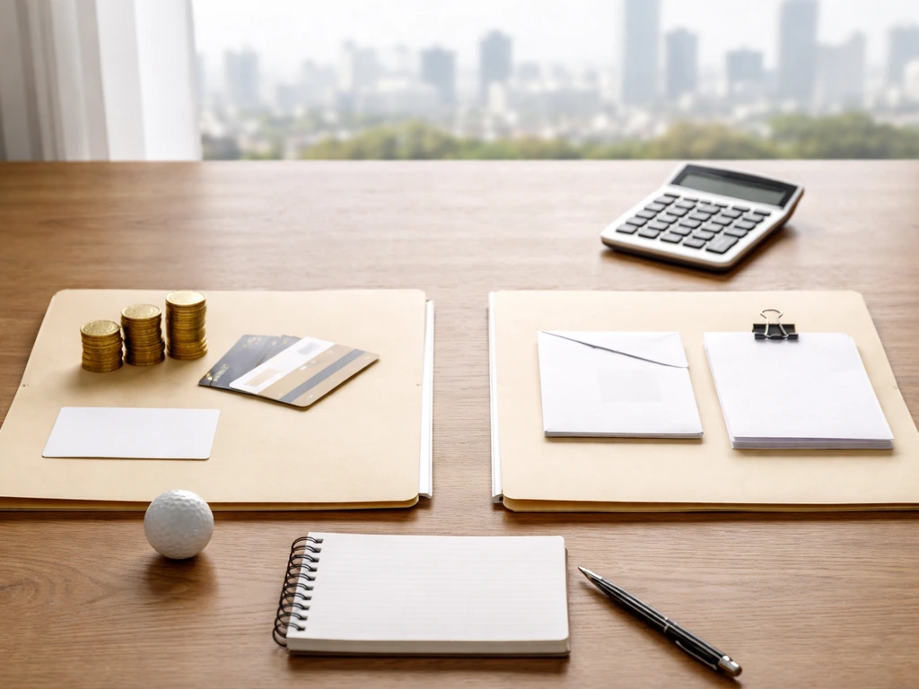Minimal photo showing a simple “assets vs liabilities” concept with golf money theme, on a desk