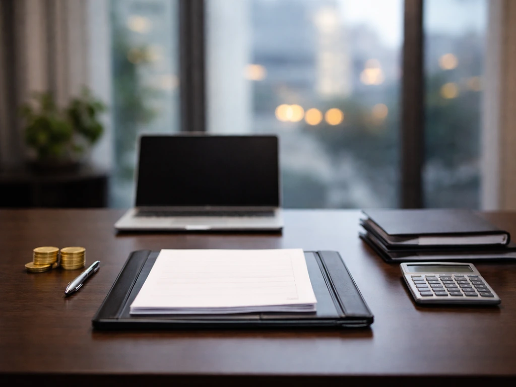 Minimal office desk with coins and paperwork suggesting assets versus liabilities, no text or diagrams.