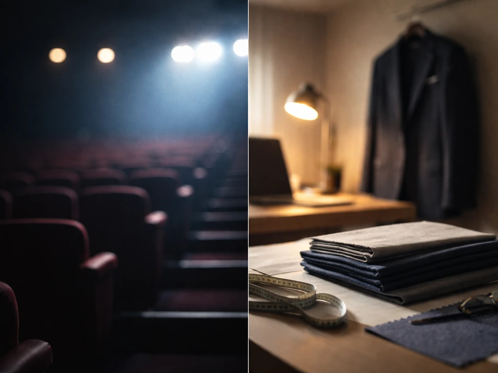 Minimal split scene: blurred theater bokeh on one side and apparel office table on the other.