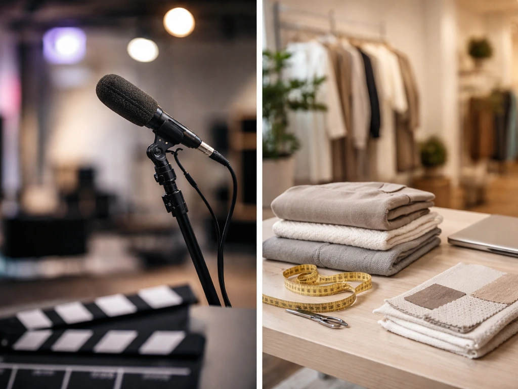 Split scene: actor-style media set image and business apparel brand desk imagery, symbolizing two different Mark Killeen