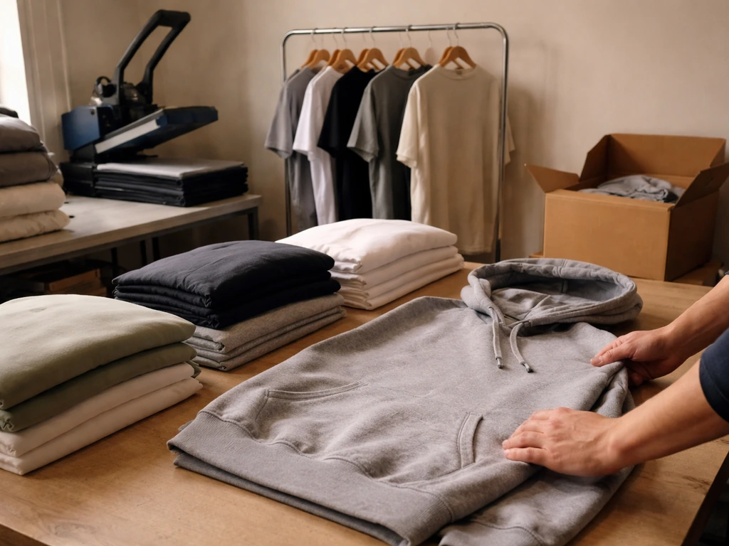 Anonymous worker’s hands in a custom apparel workshop with folded shirts and a heat press machine.