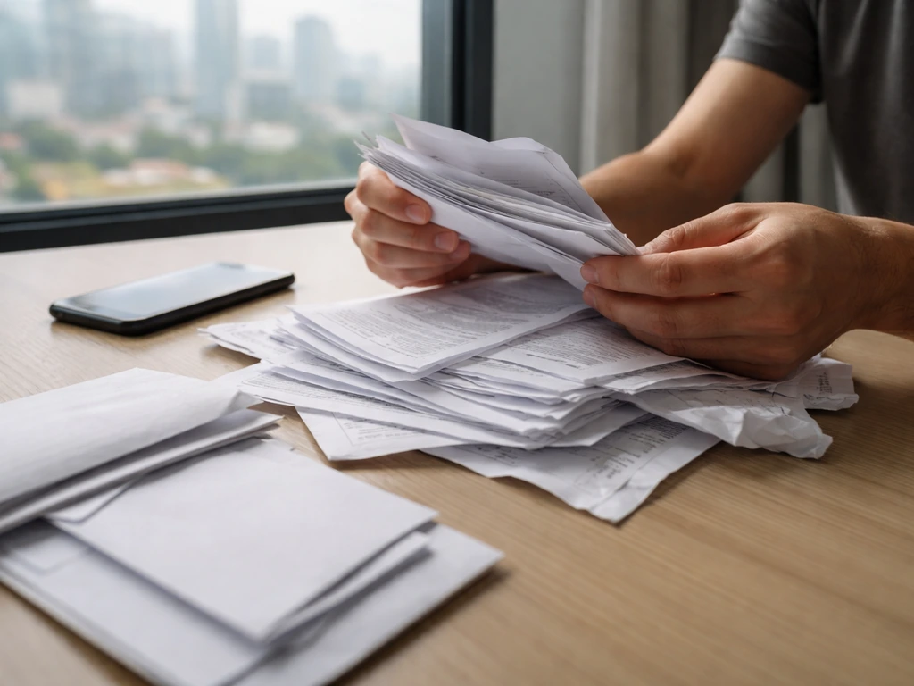 Hands sorting anonymous documents and a phone on a desk with a city view through a window.