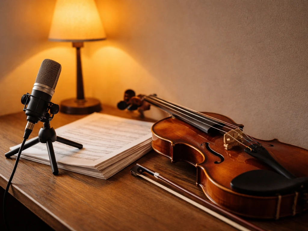 Violin on a desk beside a studio microphone and blank sheet music pages, implying a fiddler’s profile.