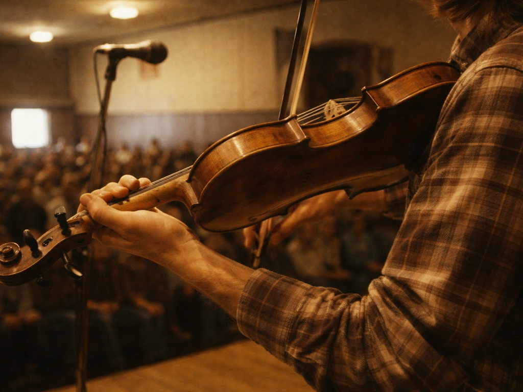 1970s-style fiddle competition scene with anonymous musician’s hands playing on a small stage.