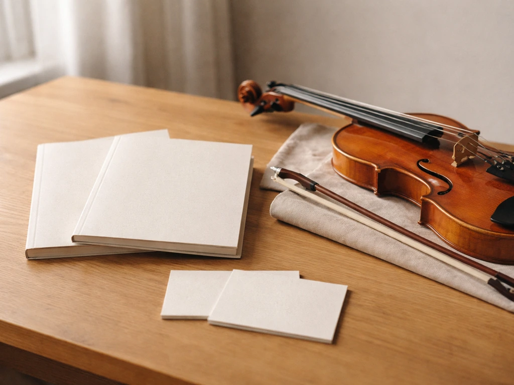 Top-down view of string education books and a violin on a clean music studio table
