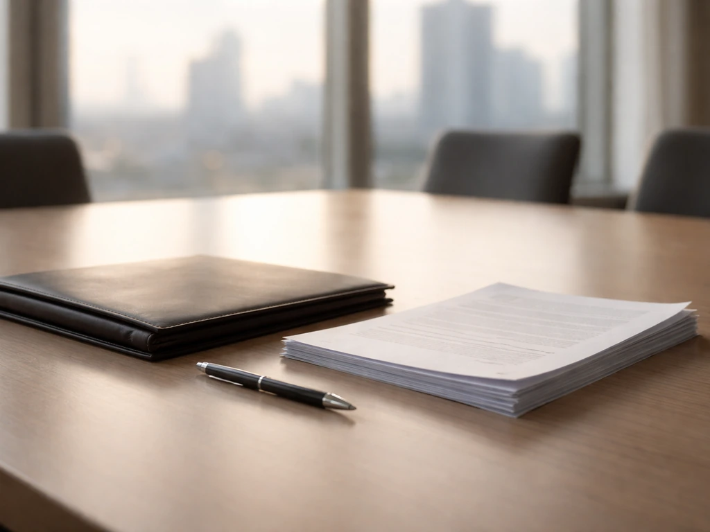 Minimal corporate boardroom scene with a folder and blurred documents suggesting verified financial filings.