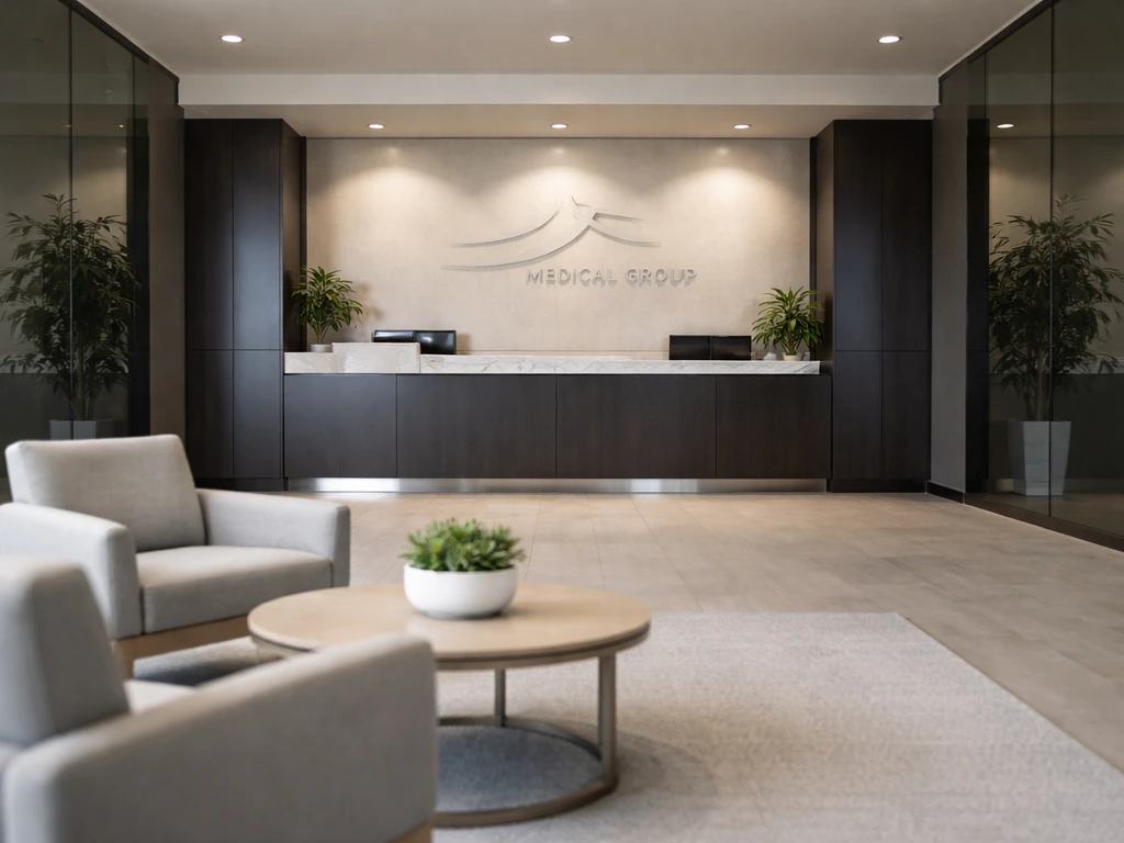 Luxury office lobby with modern signage for Pediatrix Medical Group and a waiting area.