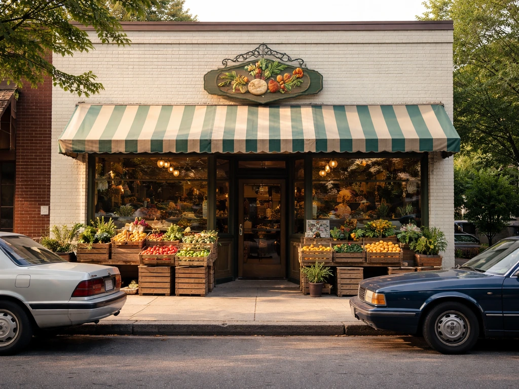 1991-era natural grocery storefront exterior with green-and-cream awning and produce crates outside