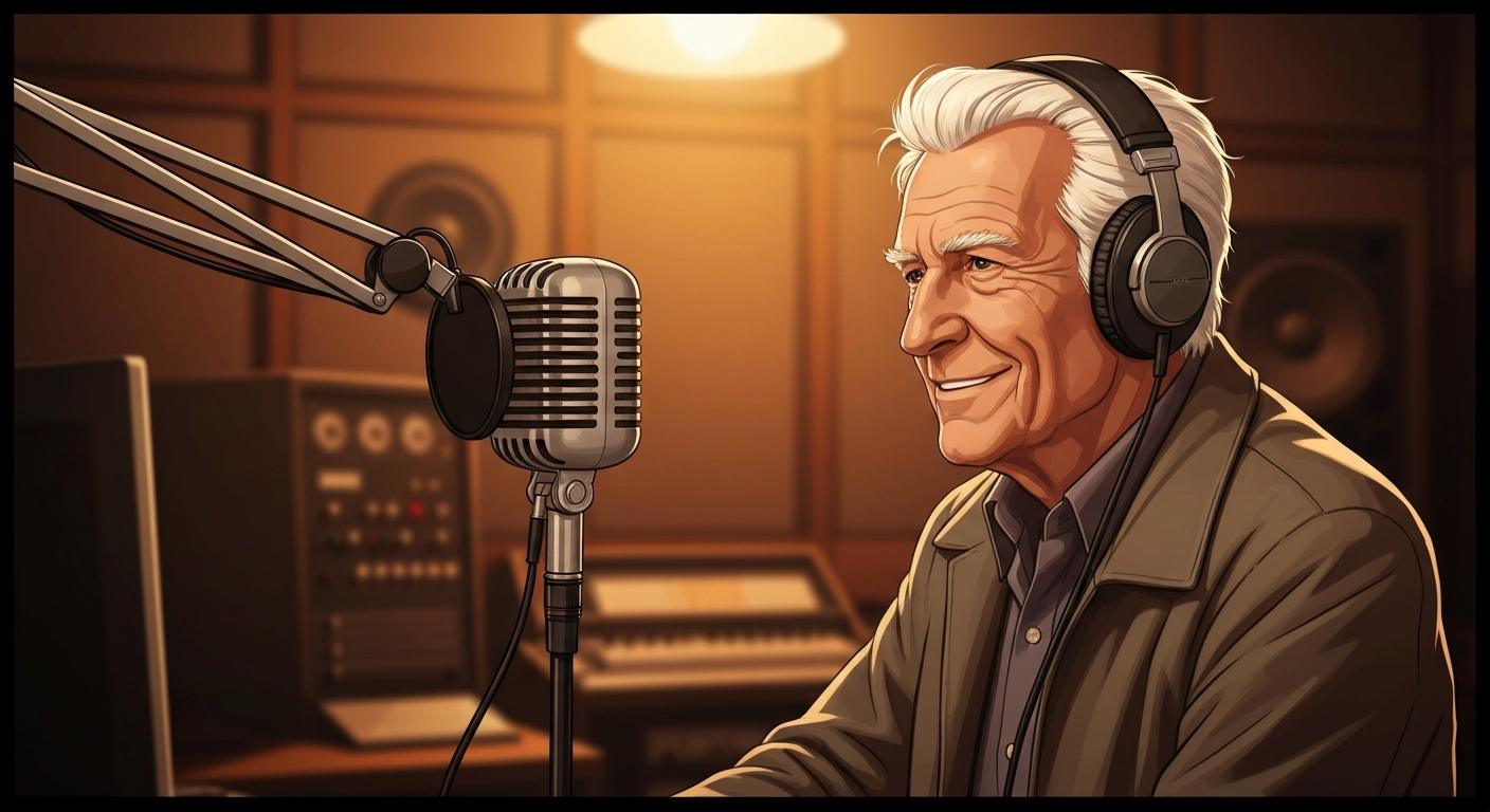 Stylized portrait of an older male voice-over artist speaking into a vintage studio microphone; warm sepia tones and studio equipment in the background.