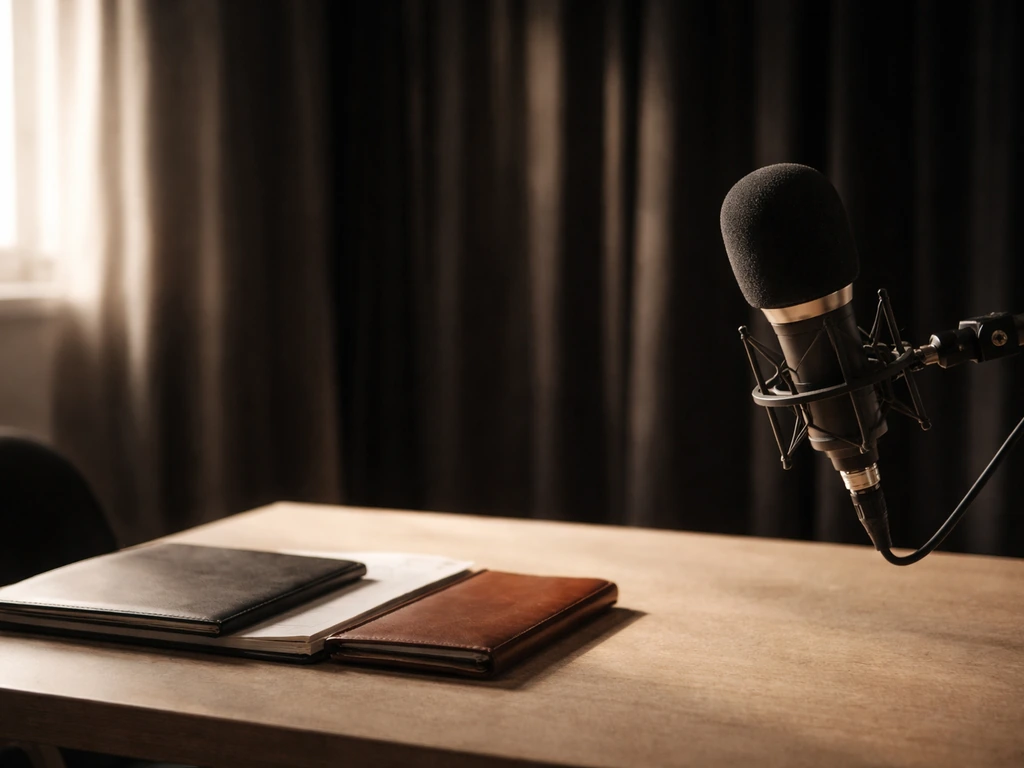 A studio desk with a broadcast microphone, script notebook, and portfolio in natural light, no people.