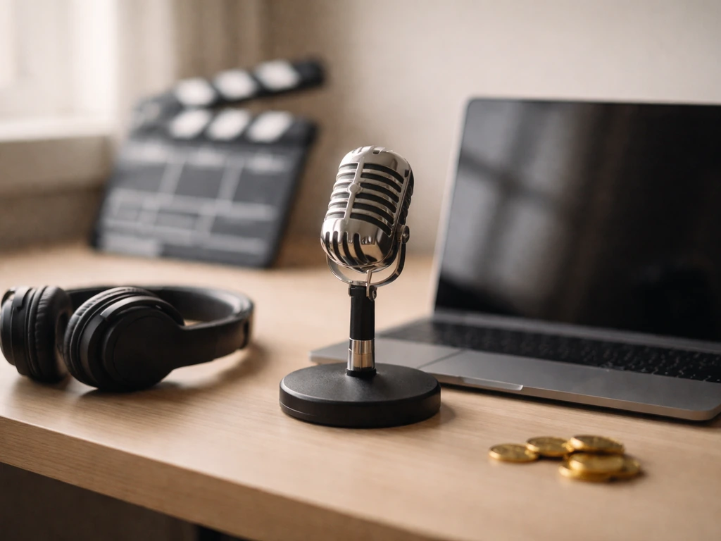 Unbranded studio desk with microphone and headphones, with a few gold coins symbolizing net worth.