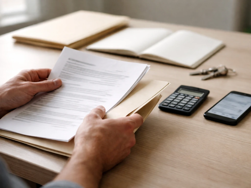 Close-up of hands comparing documents and using a calculator on a tidy desk with property folder