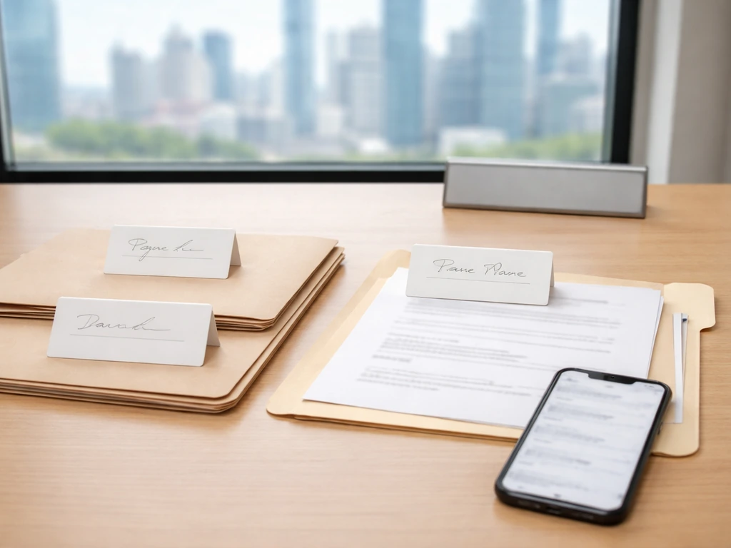 Minimal office desk with stacked folders and blurred phone, suggesting SEC name-variant verification.