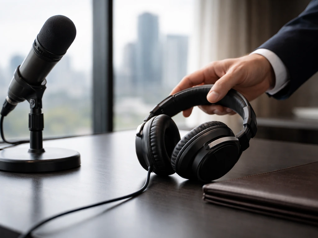 Anonymous hands in a media office adjusting headphones near a desk microphone with a city skyline backdrop.