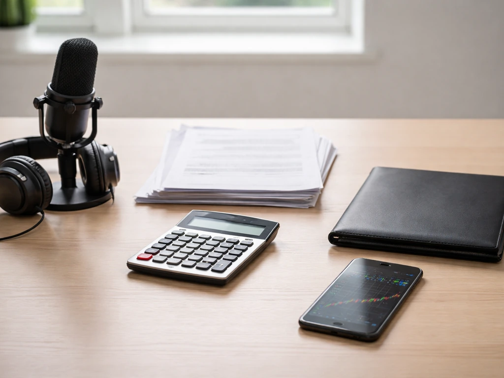 Minimal office desk with documents, calculator, microphone, and phone—symbolizing different net worth estimate methods.