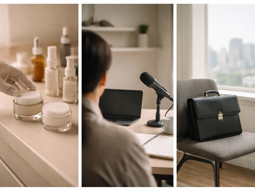 Minimal photo of three separate anonymous business scenes suggesting different identities of Mark Constantine.