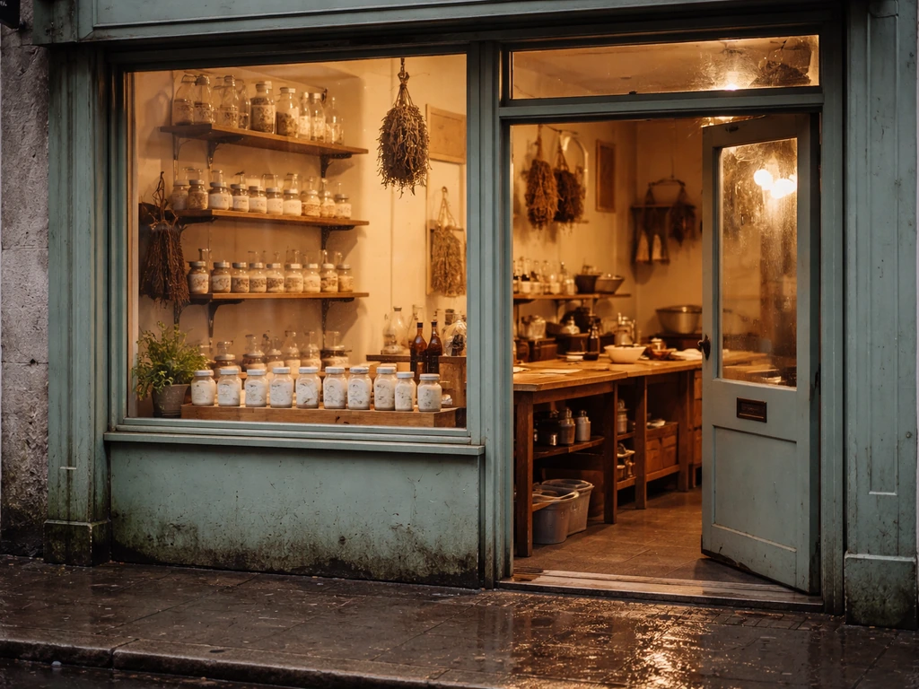 1995-era Poole storefront workshop window with handmade cosmetic jars and tools inside, moody natural light