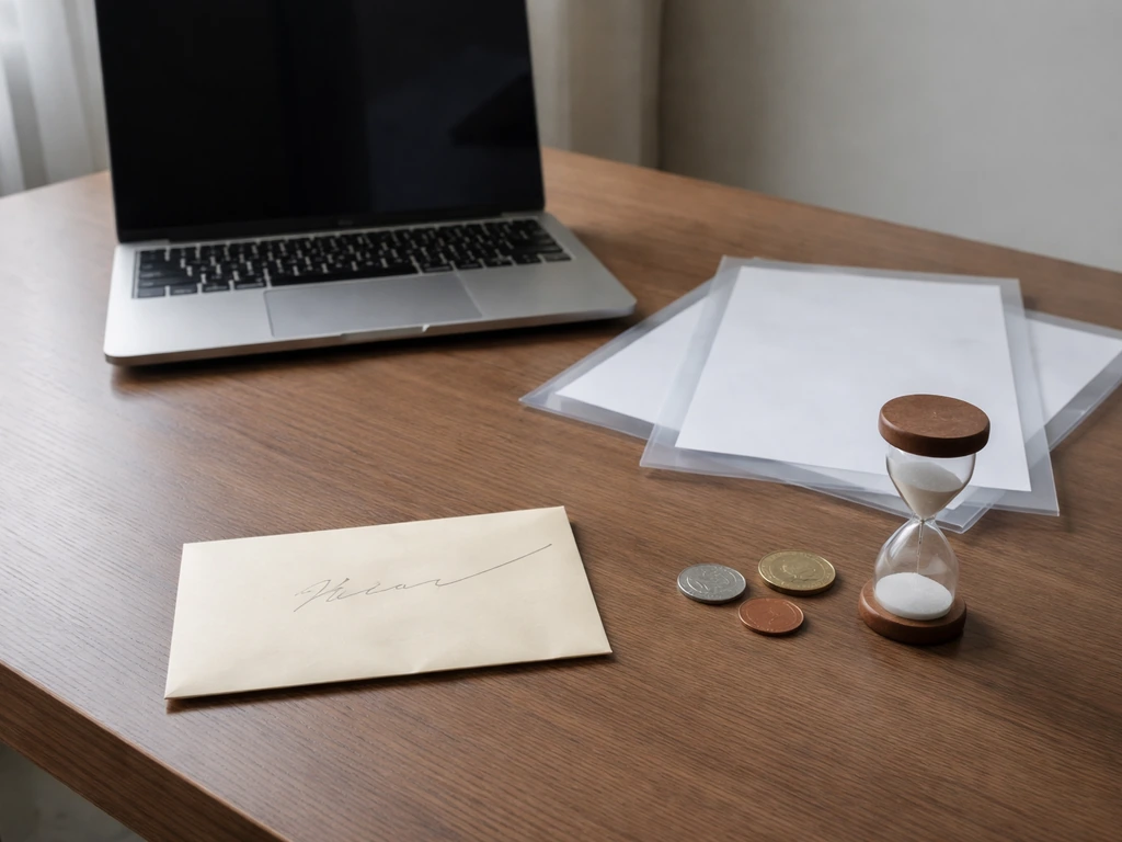 Minimal desk still life with laptop, coins, hourglass, and folders suggesting conflicting wealth estimates.