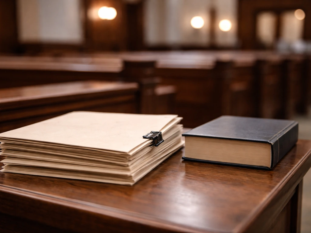 Courtroom interior with neatly stacked legal folders on a wooden table, Washington D.C. vibe, no people.