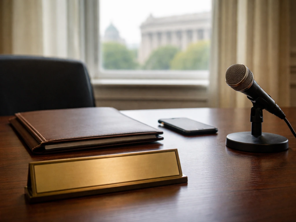 Minimal desk scene with legal folder and microphone, with blurred government buildings in Washington, D.C.