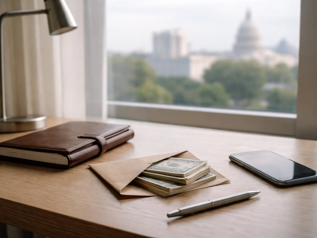Minimal photo of a desk with a closed planner, cash envelope, and a smartphone beside a city view window.