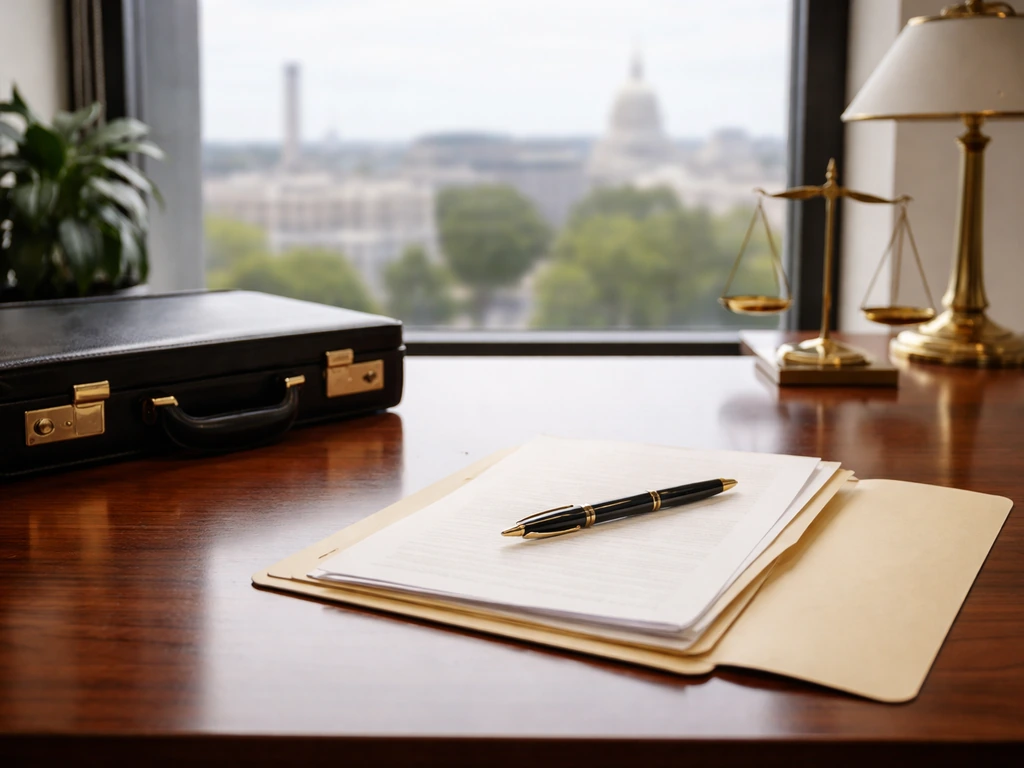 Minimal law office desk with a briefcase, legal folder, and pen near a window with blurred city view.