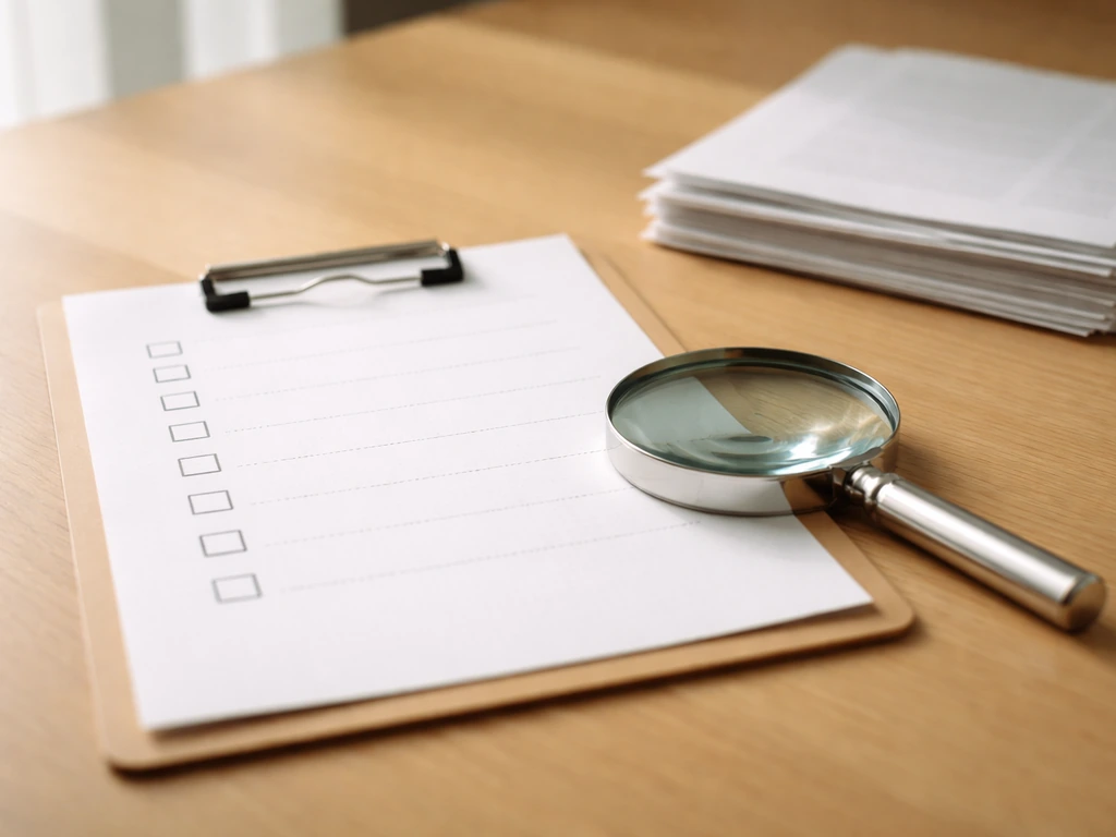 Close-up of a blank checklist and a magnifying glass over financial documents on a desk, suggesting verification.